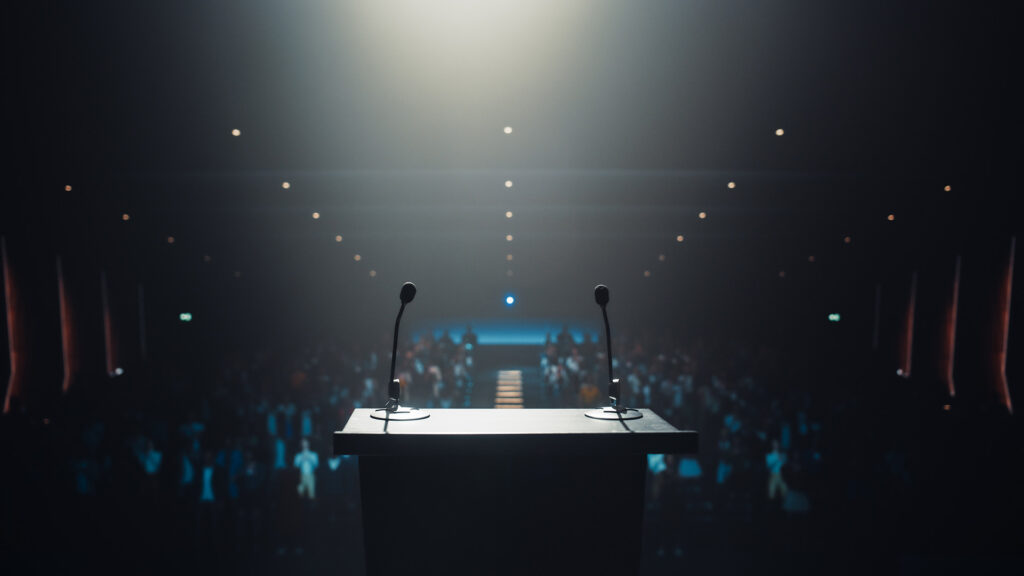 Modern conference stage with two microphones